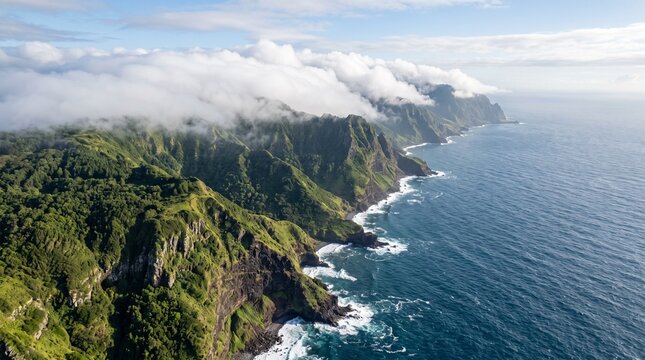 Aerial view of lush green mountain cliffs meeting the deep blue ocean, dramatic coastal landscape with low hanging clouds, rugged tropical island terrain, scenic shoreline, nature photography, epic