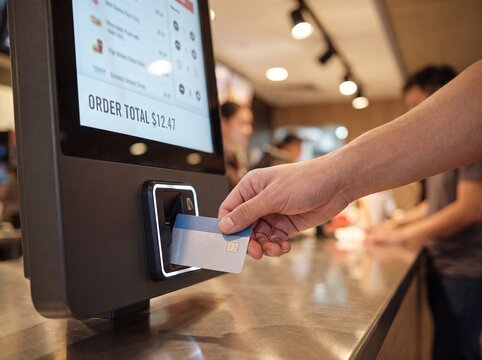 Customer inserting credit card into self service restaurant kiosk