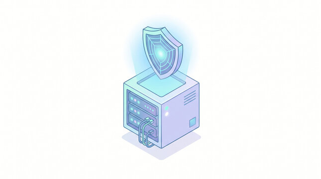 Isometric Server Rack With Glowing Cybersecurity Shield Protection Icon