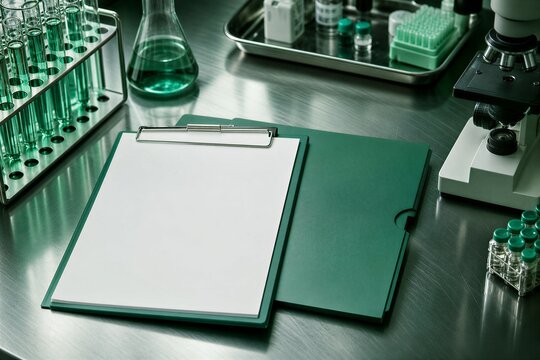 Blank Clipboard and Folder Resting on Metallic Laboratory Table for Medical Research and Analysis.