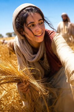 Ruth Gleaning Golden Barley Grain in a Sunlit Ancient Field, a Dynamic Moment of Harvest and Diligence.