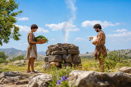 Cain and Abel Presenting Offerings at a Stone Altar in an Ancient Biblical Landscape, a Moment of Quiet Devotion and Sacrifice.