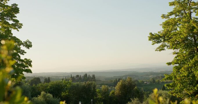 Tuscan countryside framed by trees in warm evening light, Italy