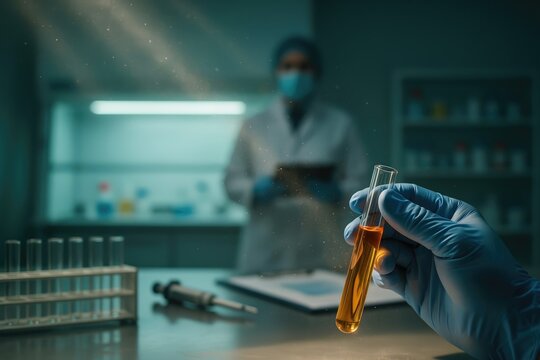 Scientist holds a glass test tube containing a golden liquid specimen while a colleague works in the background of a modern medical laboratory environment during a complex chemical research project.