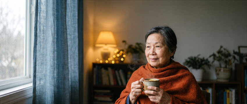 Senior Asian woman holding a warm drink near a window at home. Autumn cold prevention, immunity, hydration and healthy aging concept.