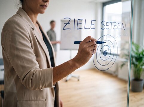 Nahaufnahme einer Businessfrau die eine Zielscheibe auf eine Glaswand mit Schriftzug Ziele setzen zeichnet