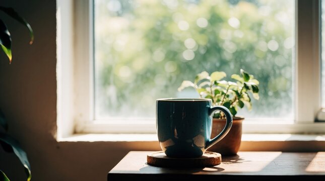 Blue ceramic mug sits on coaster by sunny window with green plant. Morning light creates soft shadows on wooden table. Peaceful scene for quiet contemplation or a break.