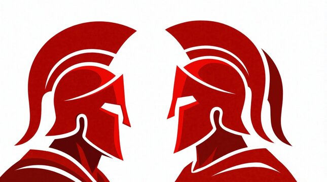 Red Spartan helmet illustration with two soldiers facing. Graphic design icon of ancient Greek warrior headgear on white background. Symbol of military power strength courage, historical combat