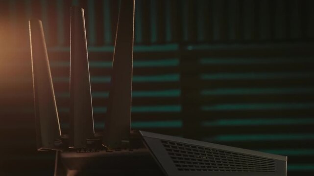 Slow motion detailed view of wireless internet router machine for antenna modem connection to online virtual world, with device having antennas, ethernet ports, usb, and computer 5g wifi connections