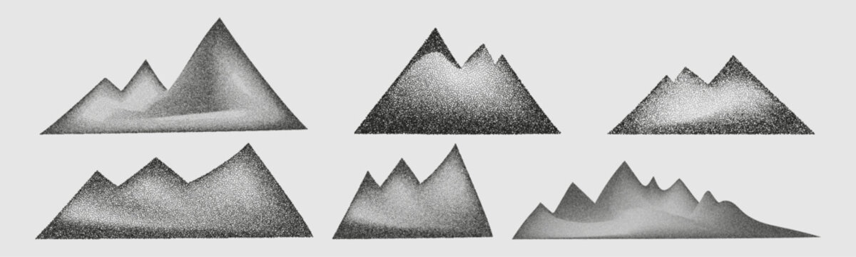 Grain mountains Noise stippled mountain range ridges terrain texture landscape vector illustration set Monochrome stipple effect