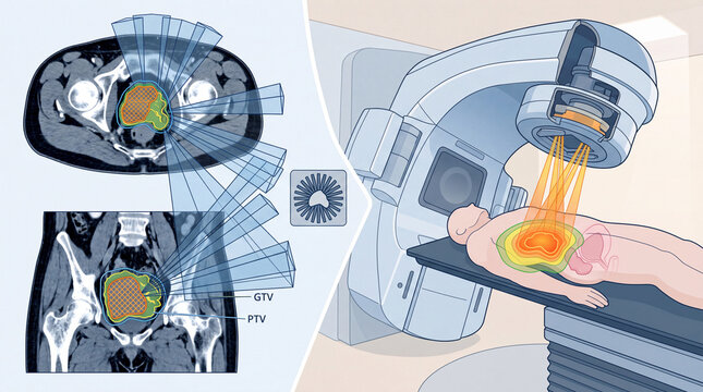 Medical illustration of the radiation oncology process, featuring stages like imaging and simulation, treatment planning, radiation delivery, dose distribution, tumor targeting, and follow-up.