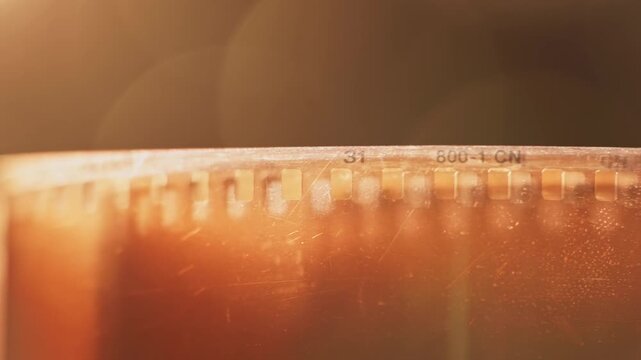 Slow motion close up texture and damaged view of warm 35mm film reel with no shots, broken scratched elements, and badly exposed dirty strip from cinematography photographic spool tool in slow mo 4k