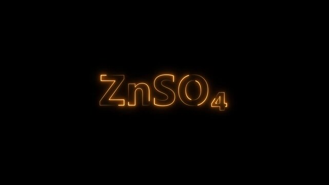 Zinc sulfate zn so4 chemical formula neon glowing text animation on black background, znso4 chemistry