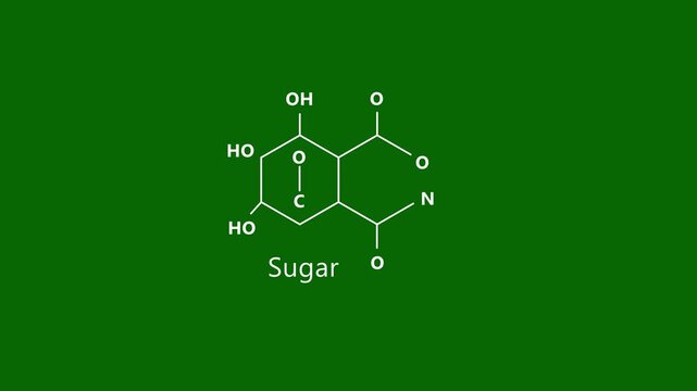 Chemical structure of sugar molecule diagram on green background, for scientific education, and research