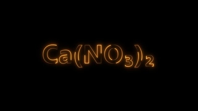 Calcium nitrate chemical formula neon glow animation on black background, ca(no3)2 chemistry science