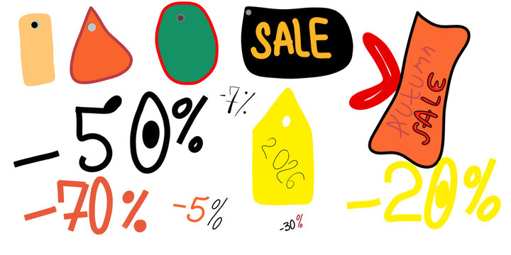 Hand-drawn sale tags and discount percentage numbers vector set isolated on transparent or white background, png