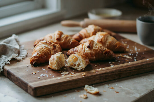 Fresh golden brown croissants on a rustic wooden cutting board with scattered salt crystals and a linen cloth in a bright kitchen setting