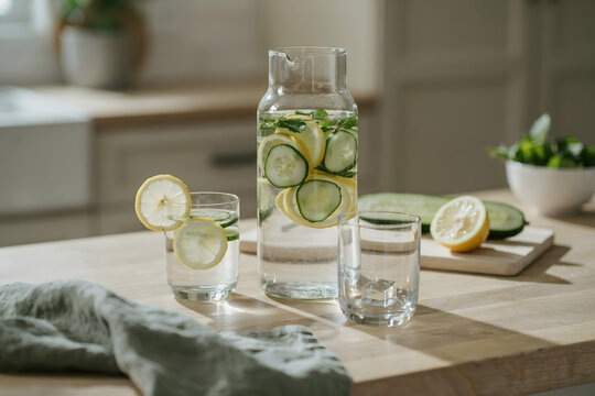 Glass pitcher and a drinking glass with cucumber and lemon infused water on a wooden kitchen counter with fresh mint and sliced vegetables