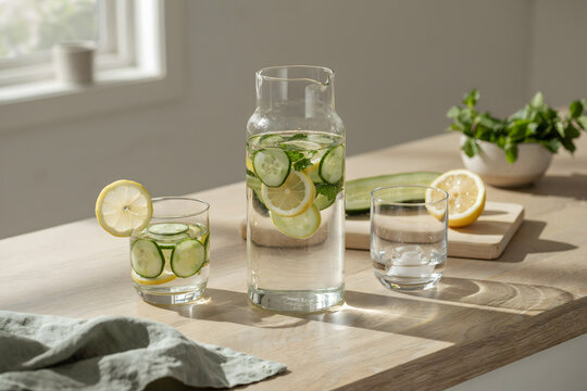 Glass pitcher and a drinking glass filled with refreshing cucumber and lemon infused water on a wooden kitchen counter with fresh ingredients