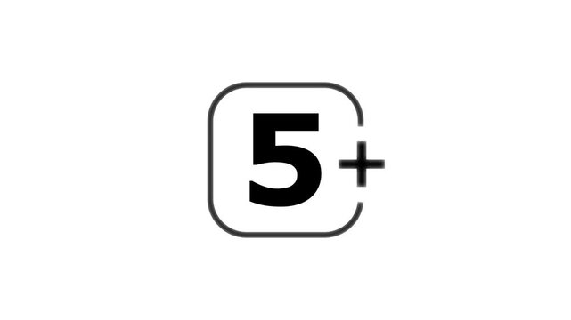 Black number five with a plus sign inside a rounded square frame on a white background for age rating or classification labels