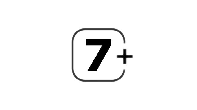 Black number seven inside a rounded square frame with a plus sign indicating age restriction for children on a white background