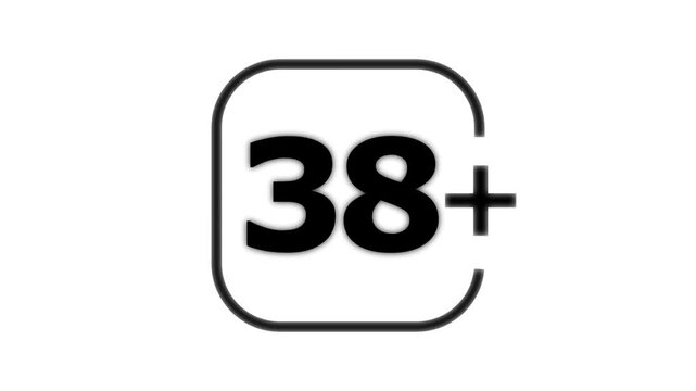 Black and white featuring the number thirty eight followed by a plus sign inside a rounded square frame on a clean white background