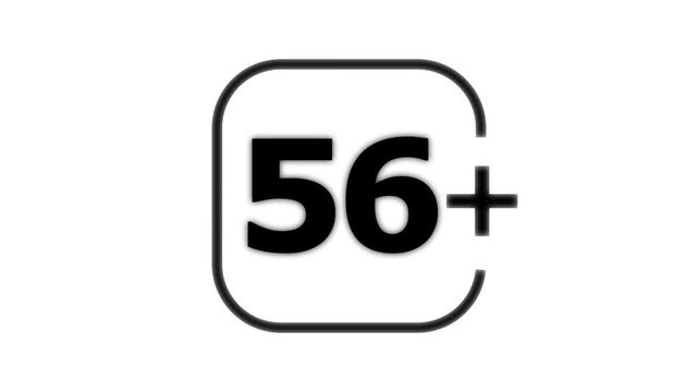 Black bold number fifty six with a plus sign inside a rounded square frame isolated on a white background for age restriction or rating