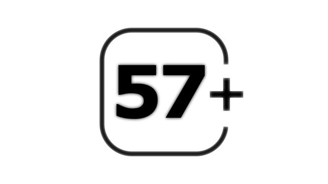 Black bold number fifty seven with a plus sign inside a rounded square frame isolated on a white background for age restriction or rating
