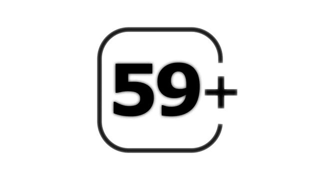 Black bold number fifty nine with a plus sign inside a rounded square frame isolated on a white background for age restriction or rating