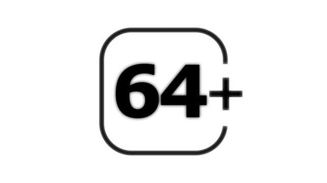 Black sixty four plus age restriction isolated on a white background for rating or maturity level classification in media and entertainment
