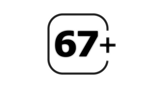 Black number sixty seven with a plus sign inside a rounded square frame on a white background for age restriction or rating symbol