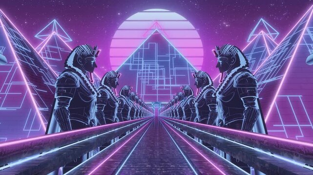 Synthwave Outrun Stone Bridge Loop with Giant Pharaoh Guardians Neon Pyramid 4K