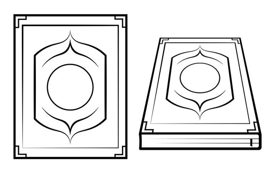 Vector line art illustration of the Holy Quran (Mushaf) featuring two views: a flat front cover and a 3D perspective. 