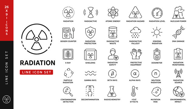 Radiation and Nuclear Science Line Icon Set with Radioactive Warning, Medical Imaging and Laboratory Symbols