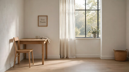 Fototapeta premium Serene Workspace: A minimalist wooden desk and chair sit by a large window, casting a warm light on the wooden floor, creating an inviting and tranquil environment.