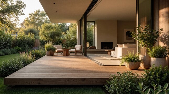 Minimalist wooden deck with modern furniture connects house interior to lush garden. Spacious patio with plants overlooks serene backyard lawn. Warm sunlight fills room and outside area.