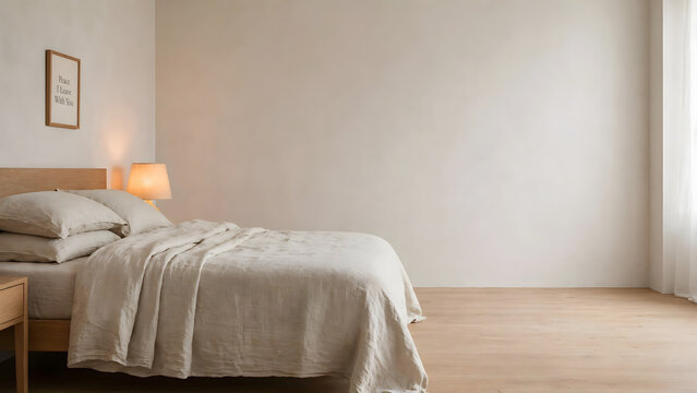 Minimalist Bedroom Retreat: A serene and uncluttered bedroom featuring a neatly made bed with soft linen, a bedside lamp casting a warm glow, and simple artwork on a neutral wall.