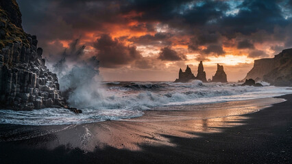 Fototapeta premium Dramatic volcanic black sand beach with crashing ocean waves and dramatic basalt sea stacks