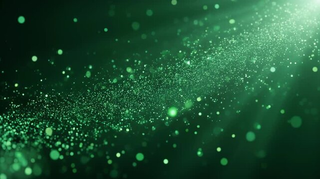 Abstract green bokeh light particles with a glowing, scattered effect
