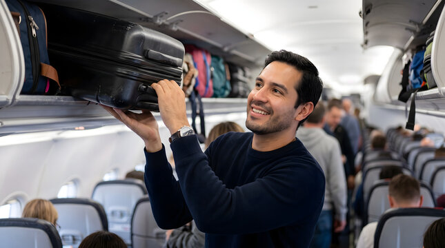 Man stowing luggage in overhead bin on airplane