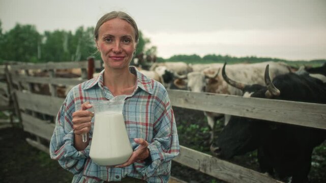 Beautiful female farmer in plaid shirt holding glass pitcher of raw milk and looking at camera with smile outdoors by wooden cattle corral with horned cows. Video portrait