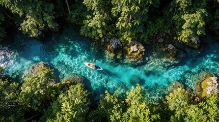Obraz premium Kayaker paddles through vibrant turquoise river in dense jungle. Sunlight reflects on clear water revealing rocky riverbed below. Lush green trees frame this serene adventure spot.