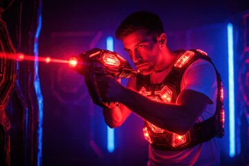 Fototapeta premium Young man plays laser tag in dark neon arena. Holds plastic blaster gun with glowing red beam. Player wears tactical vest with light sensors during active team battle. Person focuses on shooting
