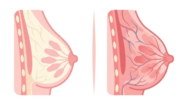 The comparison of breast engorgement stages in pregnancy and after childbirth, highlighting anatomical differences.