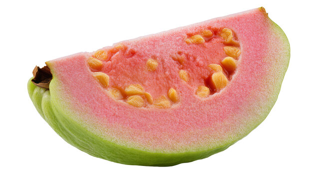 Isolated pink guava slice with visible seeds, healthy tropical fruit half-cut for snack.