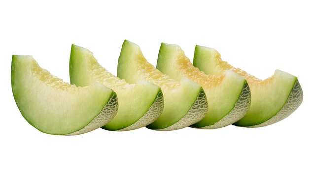 Isolated fresh juicy honeydew melon slices, perfectly arranged in a horizontal row, healthy summer snack