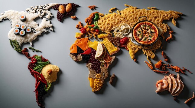 World map made of various international foods on grey background. Continents formed by sushi rice vegetables pasta pizza beans grains, seafood. Culinary art display global cuisine diversity concept.
