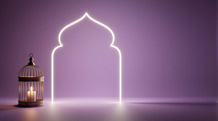 Fototapeta premium Elegant archway glows with light on purple backdrop. Vintage lantern holds lit candle. Modern minimalist interior decor for peaceful ambience and calm spiritual mood. Soft light.