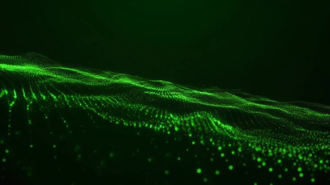 Glowing green tech particles forming flowing wave