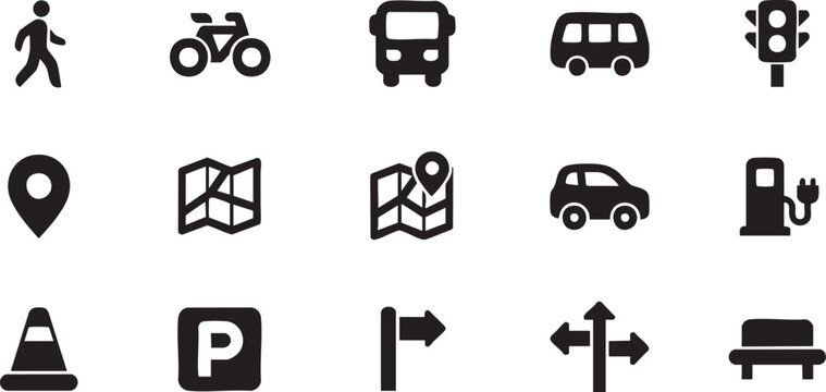 Transportation navigation icons set featuring pedestrian bicycle bus car traffic signs parking map location symbols solid vector illustration collection